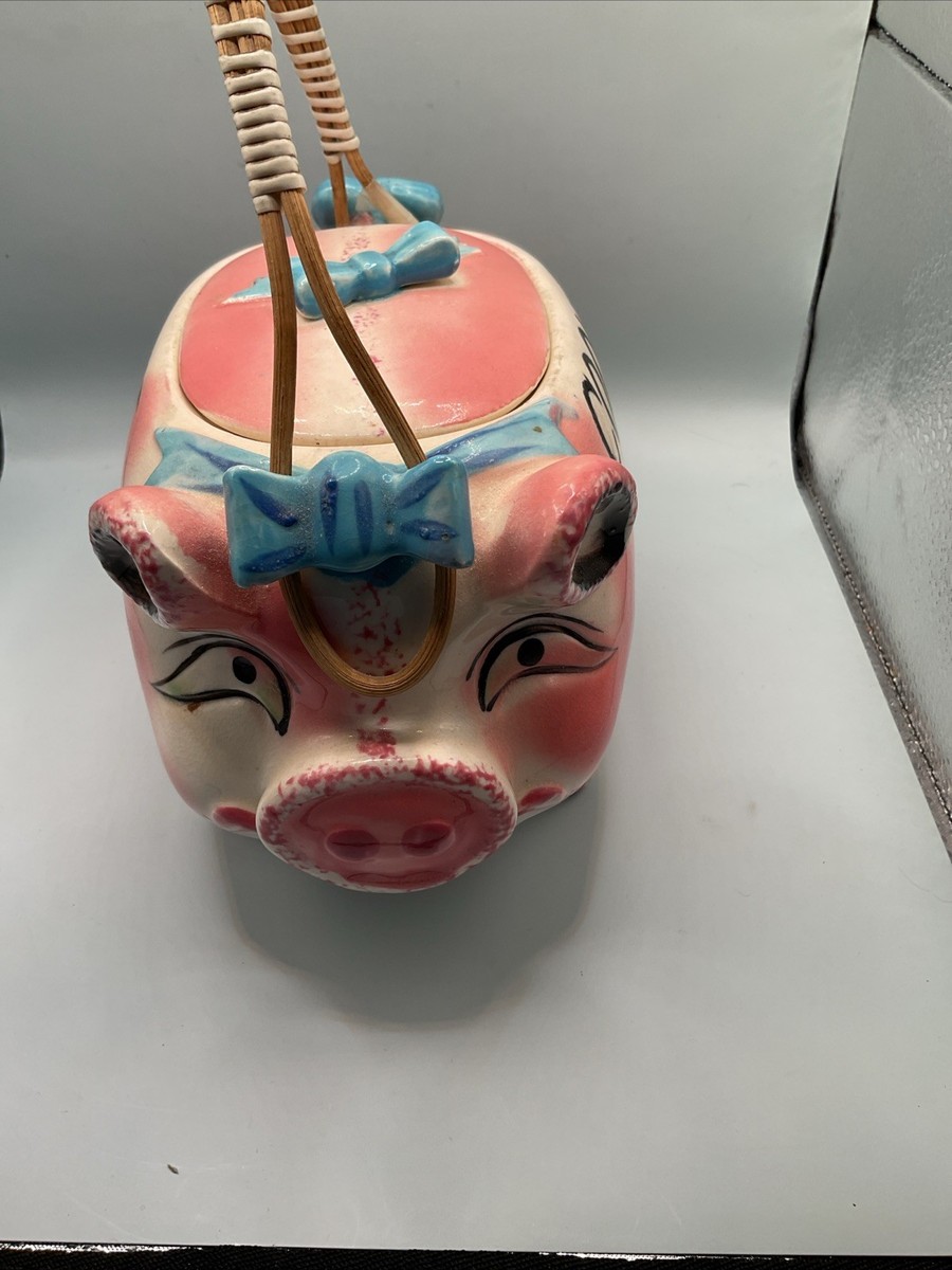 Vintage Ceramic Pink W/Blue Ribbons Piggy Cookie Jar 1940's