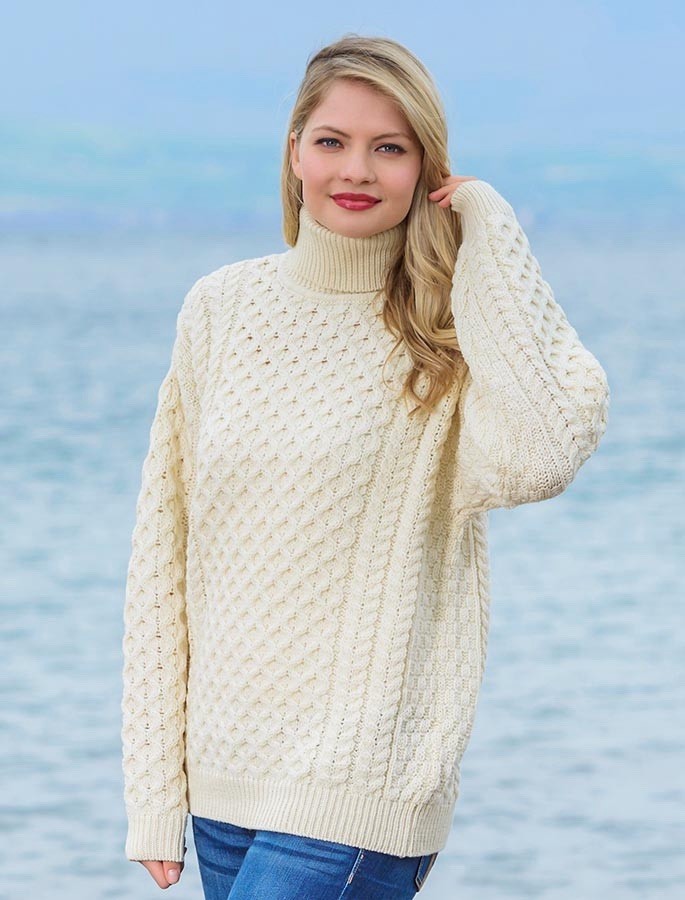 Aran Sweater Market Turtleneck 100% Merino Wool Cream Fisherman Sweater Sz S