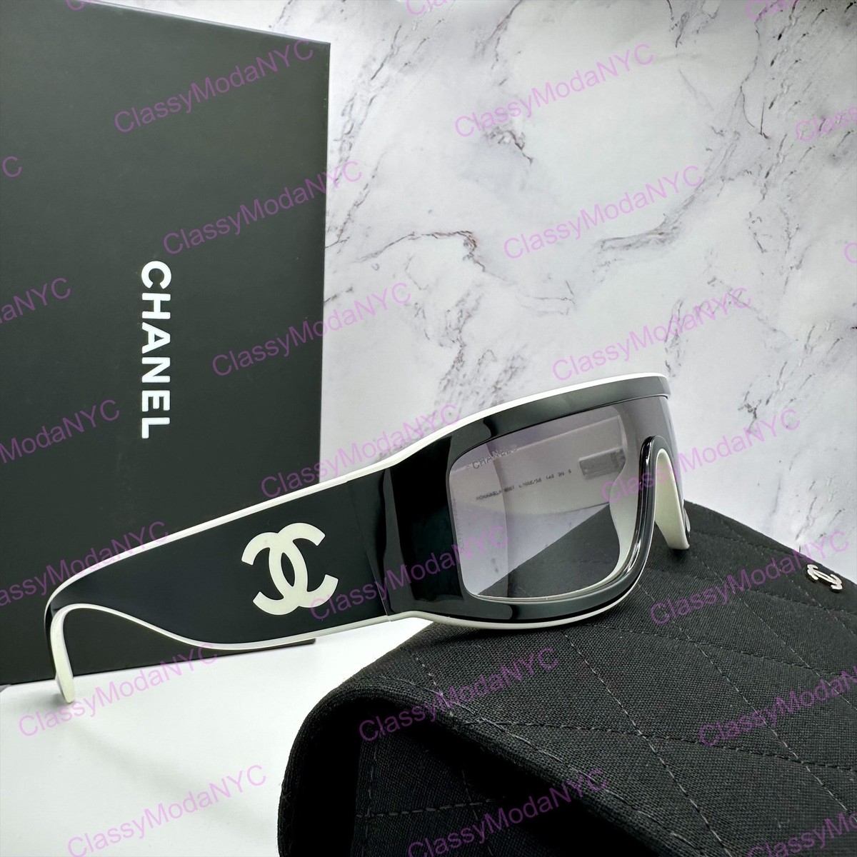 CHANEL Sunglasses New Shield Black & White Runway Wrap 6057 1656S6