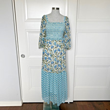 Taylor Floral Prairie Maxi Dress Womens 6 Smocked Cottagecore Blue Cream NWT