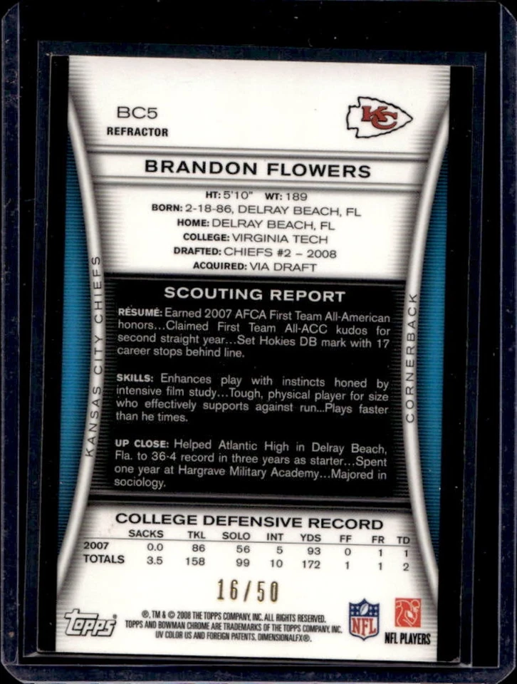 2008 Bowman Chrome Brandon Flowers RC Gold Refractor Rookie #16/50 Chiefs - Image 2 of 2