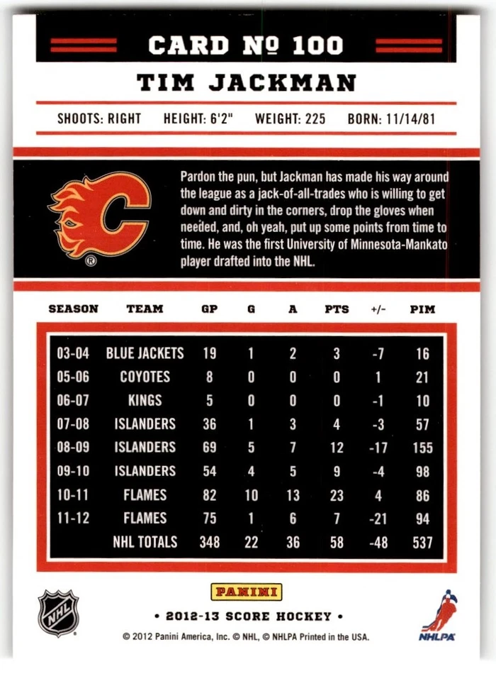 Tim Jackman 2012-13 Score Gold Rush #100 Calgary Flames - Image 2 of 2