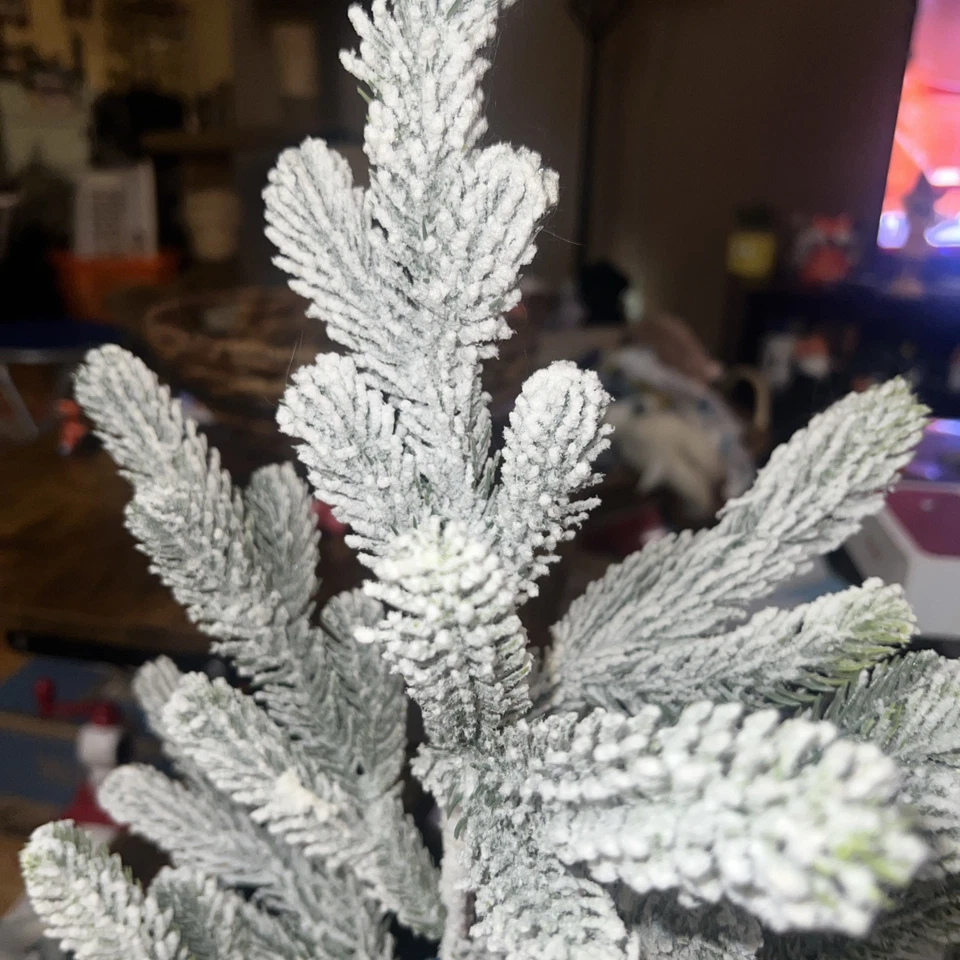 Mini Flocked Fir Snow Covered Xmas Tree, Wood Base, 17.5” Tall, Bendable Limbs - Image 4 of 4