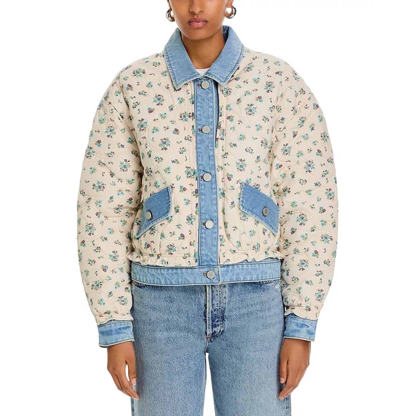 BlankNYC Women Ivory Floral Cotton Denim Quilted Oversize Bomber Jacket Size XS