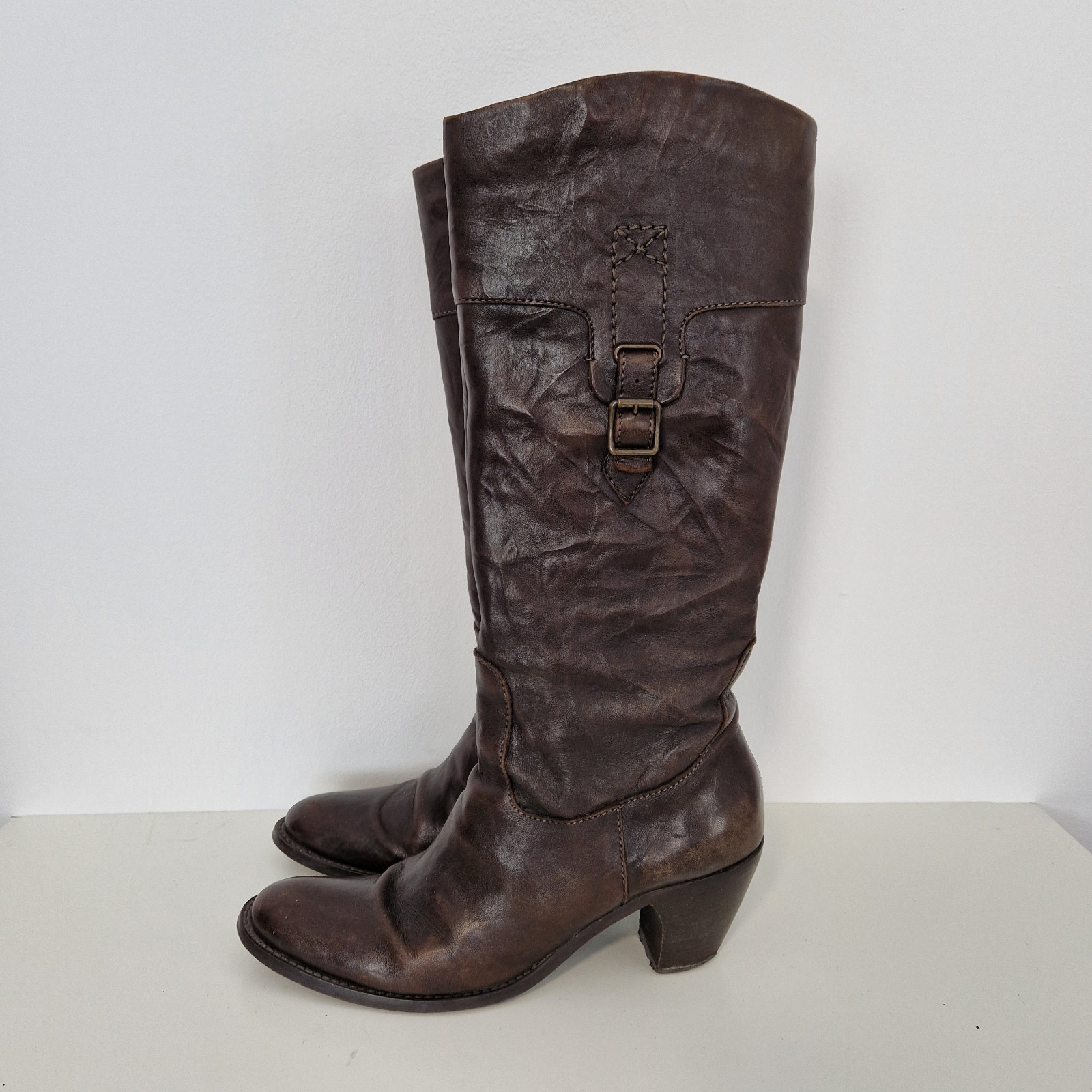 Leder Stiefel Lederstiefel Gr 41 Braun 7cm Blockabsatz Hoch Cognac Ungefüttert 
