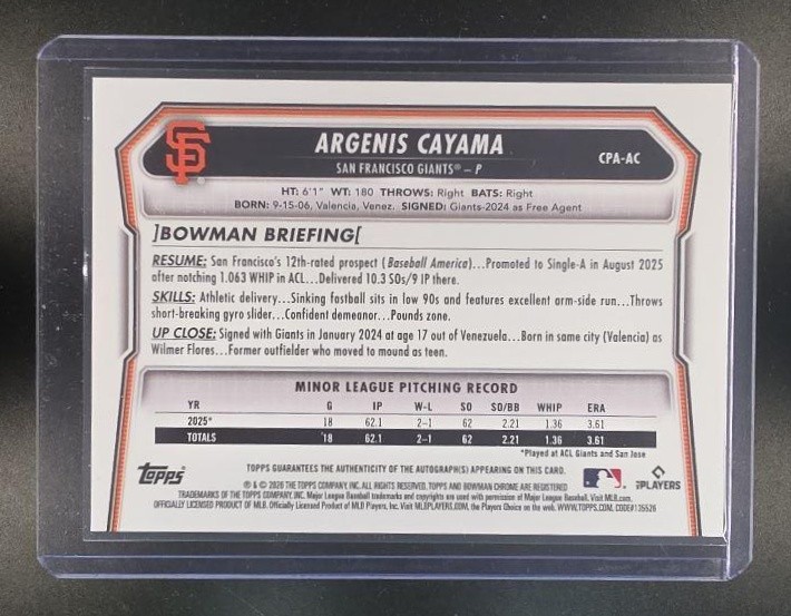 Argenis Cayama 2026 Bowman Chrome Baseball Prospects Auto Orange Shimmer /25 1st view 2
