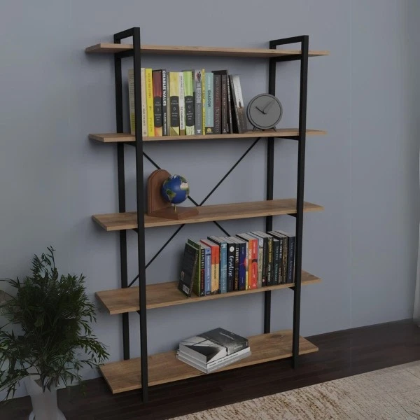 Libreria 5 Ripiani Scaffale Ferro Legno Stile Industrial 120x34x180 Jonah Rovere