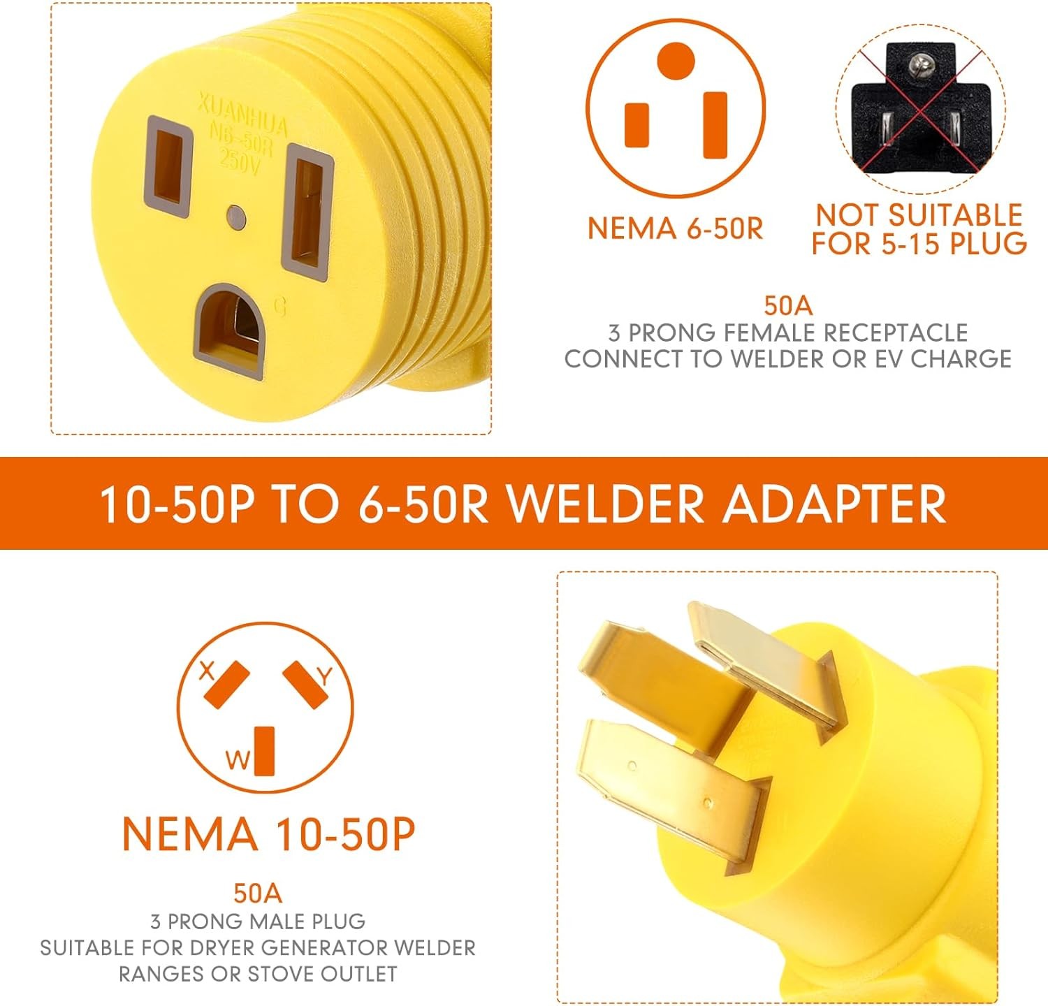 Kanayu 50Amp Welder Adapter Compatible with NEMA 10-50P to 6-50R 50 Yellow 