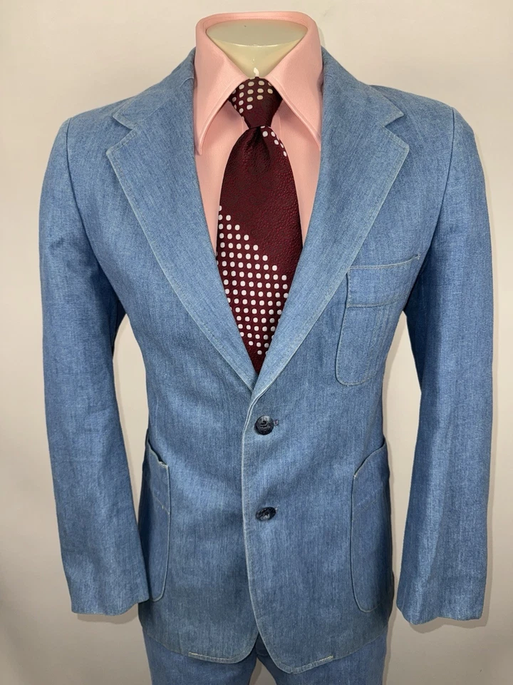 Vtg Haggar Leisure Suit Denim Mens 42 Jacket 35 31 Pants Blue Jean Rockabilly - Image 4 of 4