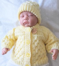 Hand knitted  Cardigan and Hat  in Soft Baby ARAN 0-3 month In Baby yellow