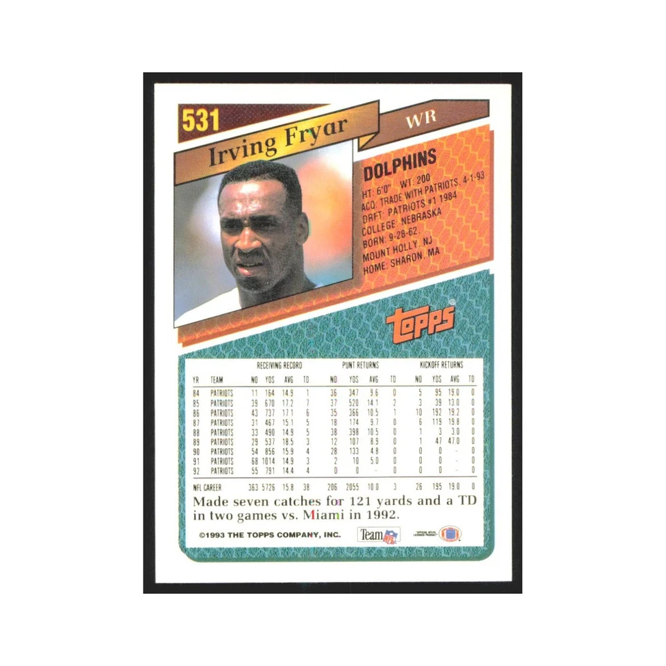 1993 Topps Irving Fryar Dolphins #531 - Image 2 of 3