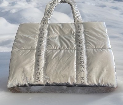 Bath & Body Works Metallic Silver Puffer Tote Bag Large Shopper NWT