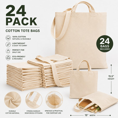 24 Pack Cotton Tote Bags 15'' x 15.5'' Reusable Grocery Shopping Gift Craft Blank