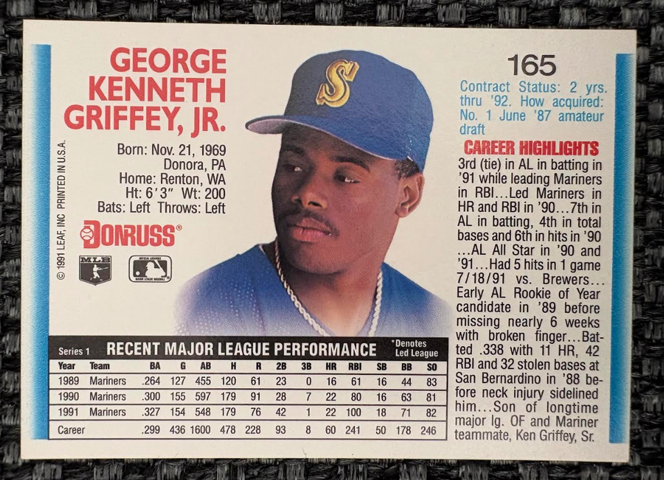 1992 Donruss - Ken Griffey Jr #165 "No Period" Error Card Nr.Mt-Mt $45 ...
