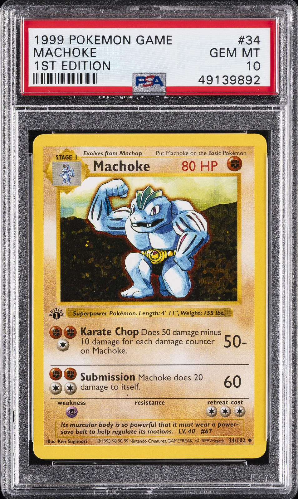 1999 POKEMON GAME 1ST EDITION #34 MACHOKE PSA 10