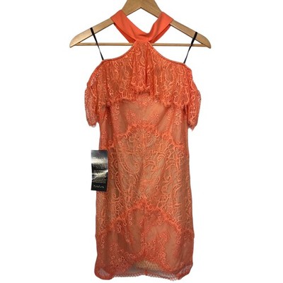 Bebe Kendall Size 4 Coral Peach Ruffle Off Shoulder Lace Dress Cocktail Clubwear