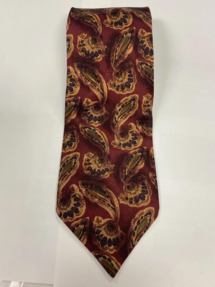 Винтажный мужской галстук Hathaway Burgandy Gold Paisley 100% шелк сделано в США 58,75x3,5 - Изображение 2 из 4