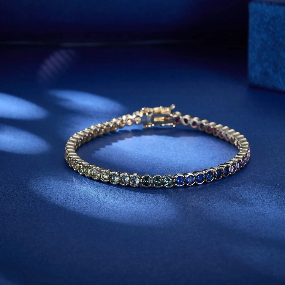 Conjunto de medio bisel redondo de oro amarillo de 14 quilates FN de 10 quilates de laboratorio creado pulsera de tenis arco iris Foto 3 de 4