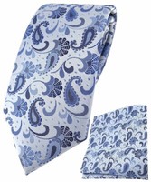 Tigertie Krawatte + Einstecktuch In Blau Silberblau Silber Paisley Gemustert