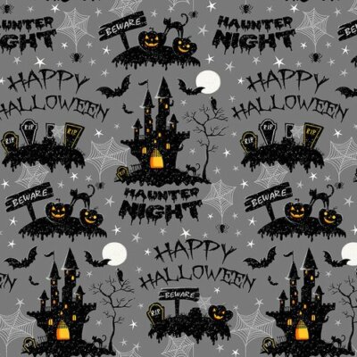 Fat Quarter Hocus Pocus Geisterhaus auf schwarz 100 % Baumwolle Steppstoff