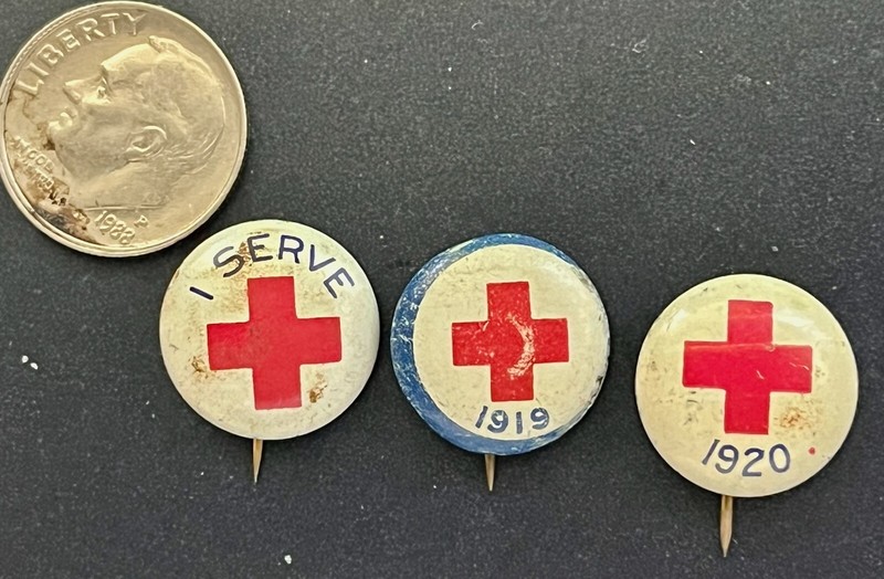 3 WWI Antique 1918 1919 1920 Red Cross Blood Drive Pin Pinback Buttons
