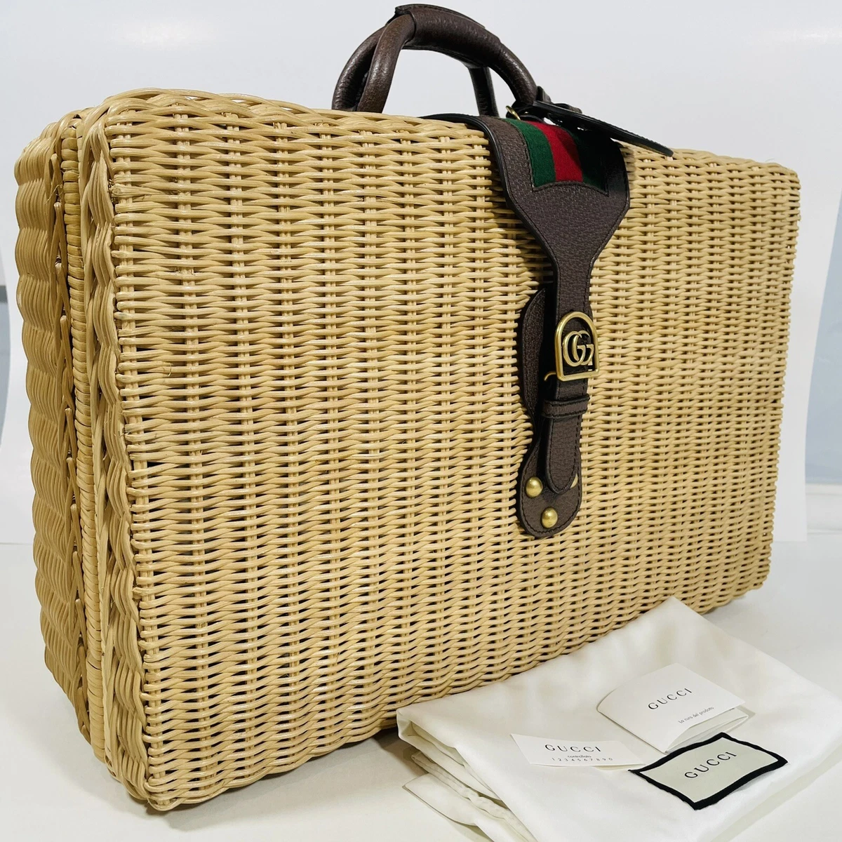 Gucci Web GG Wicker Natural Suitcase Bag Tan RARE NWT 4980