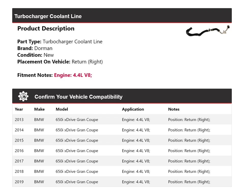 Para BMW 650i xDrive Gran Coupé 2013-2019 turbocompresor línea de refrigerante 2014 Foto 2 de 4