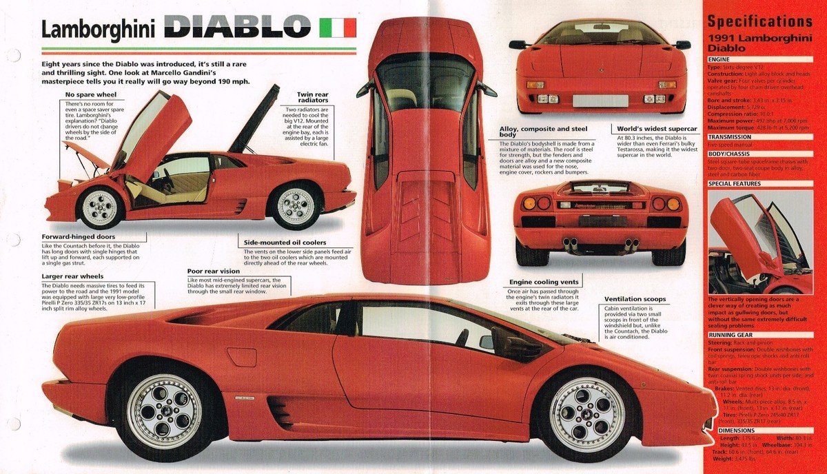 LAMBORGHINI DIABLO SPEC SHEET/Brochure/Catalog:1991, | eBay