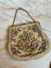 Vintage Tapestry Floral Needlepoint Purse Handbag Goldtone Chain And Trim