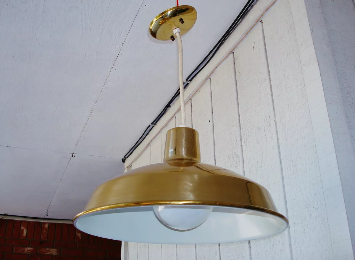 1970 Vintage Rustic Industrial Aluminum Brass Finish Ceiling Light Fixture Lamp