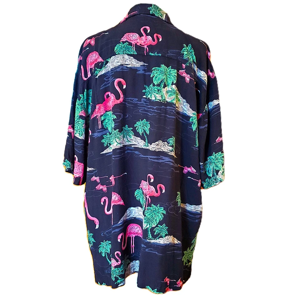 Grace Men's Black Hawaiian Button Down Shirt Sz XL Flamingos Tropical Palm Trees - Image 3 of 4