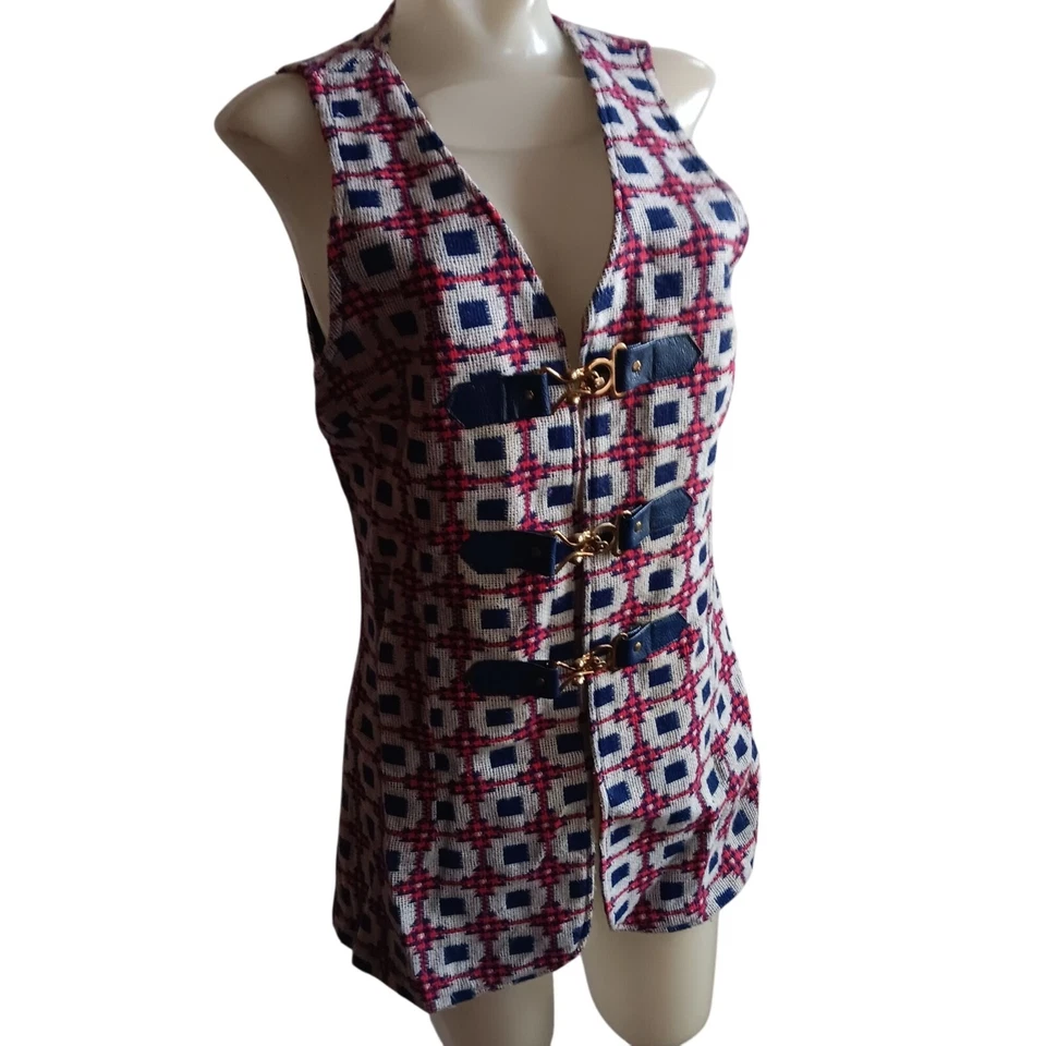 Vintage Large Women's 1960's Sleeveless Long Vest Hook Eye Closure Geometric Mod - Image 3 of 4