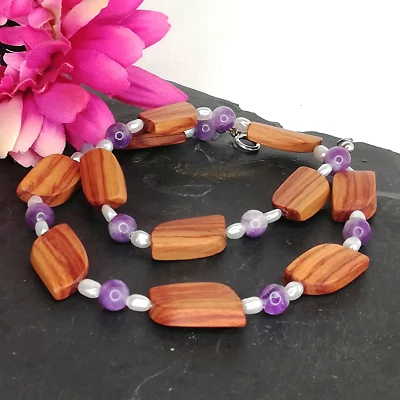 Amethyst-Rosenholz-Perlen-Kette, 925er Sterlingsilber - Bild 1 von 4