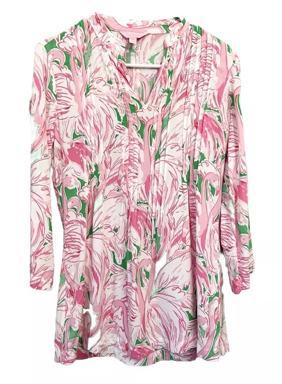 Lilly Pulitzer Size M Tunic Ink Flamingo Pink Sarasota Top V Neck Shirt Rare
