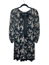French Connection Women 8 Black/Gray Leaf Print 3/4 Sheer Sleeve Lined Dress