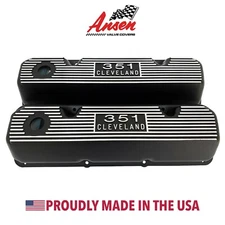 Ford 351 Cleveland Black Finned Valve Covers - Die-Cast Logo - Ansen USA