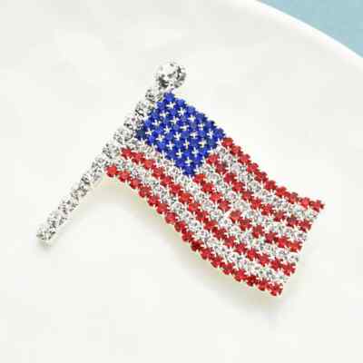 America USA Patriotic American Crystal Sparkly Rhinestone Waving Flag Brooch Pin