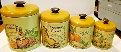 Vintage Retro Metal  Canister Set of 4 Yellow & Gold Flour Sugar Coffee Tea