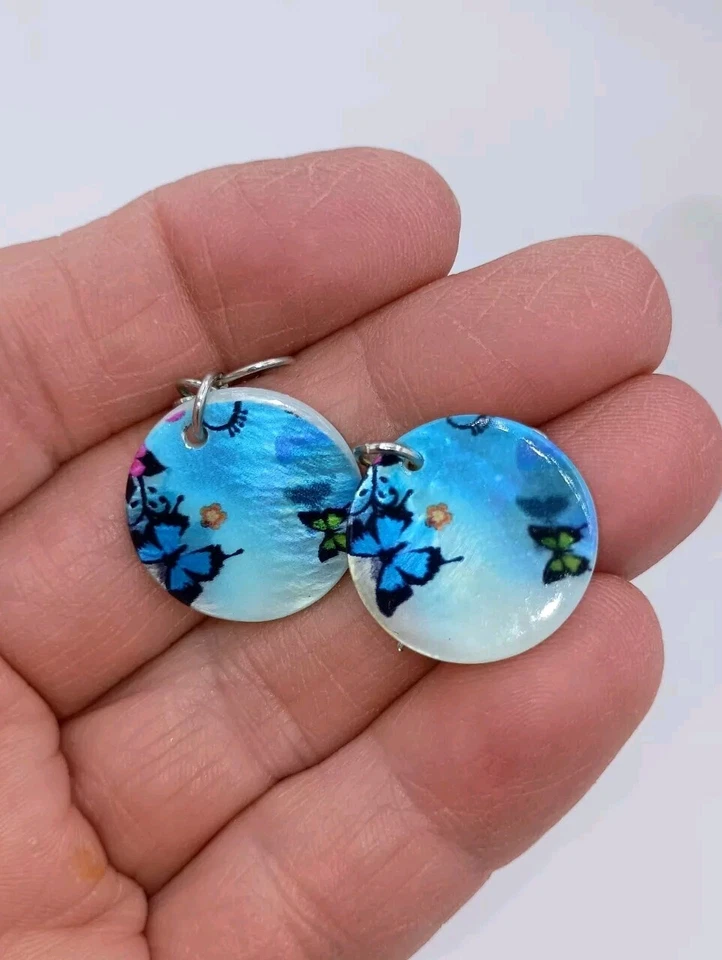 Mother Of Pearl Blue Butterfly Hand Painted Steel Dangle Hook Disc Earrings  - Image 2 of 4
