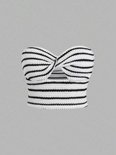 Striped Twist Knot Cut Out Tube Top Y2K Strapless Crop Blouse Knit Summer
