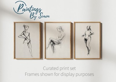 Minimalistische weibliche Figur Kunst 3er Set Drucke 5''x7'' | Kohle Skizze Wandkunst