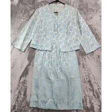 Vintage 50s 60s Dress Set Womens S Blue Brocade Sleeveless Wiggle Crop Jacket