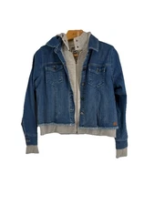 Peace Love World Womens Layered Jean Jacket M Hooded Stretch Y2K Streetwear