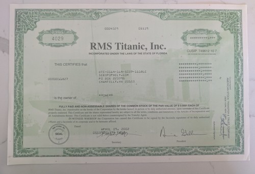 RMS Titanic Inc. Stock Certificate 2002 – 1 Share – Historic Shipwreck Company