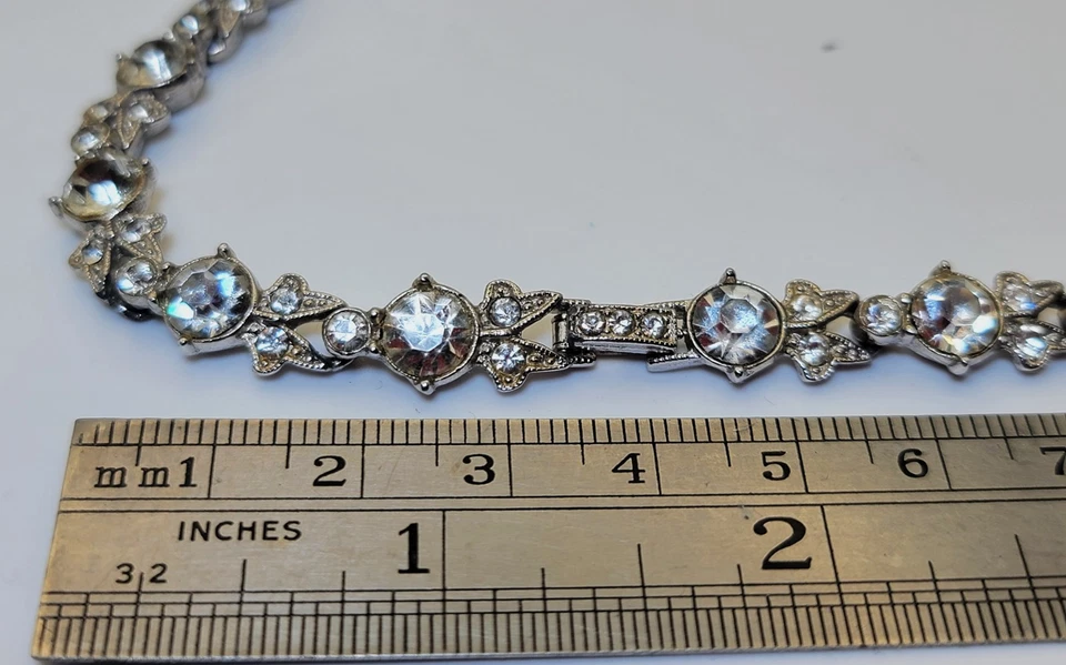 Vintage 40s Firmato ORA Placcato Rodio Trasparente Strass 39.4cm Collana - Immagine 3 di 4