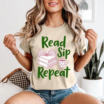 Read Sip Repeat Damen T-Shirt Bücherwurm Lesen Geschenk für Sie