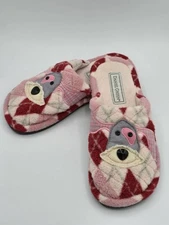 Daniel Green Women's Fuzzy Puppy Dog House Slippers Red Pink Argyle 5.5-6.5 M