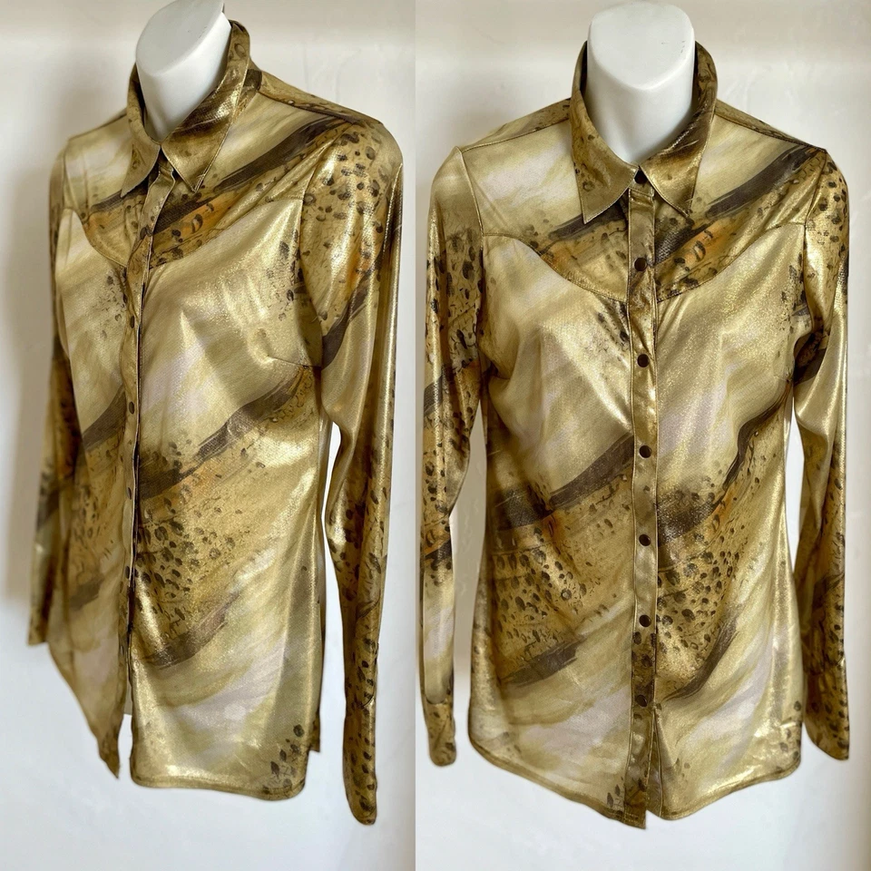 CAMISA ROPER Rara WEAR THE WEST Estampado Animal Dorado LAME Estilo Vaquera Occidental XS Foto 2 de 4