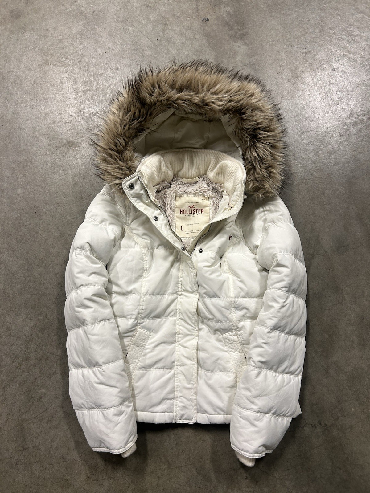 Y2K Hollister VINTAGE Faux Fur Hooded Bomber Jacket Cream Puffy Sherpa Size L