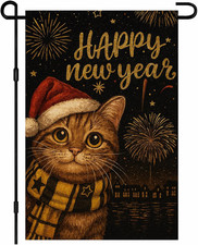 New Year Garden Flag 12X18 Inch Double Sided Happy New Year Text with Cute Cat S
